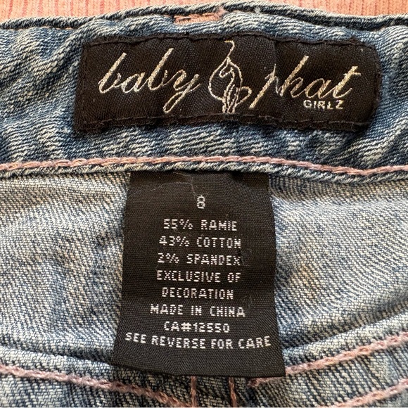 Y2K Baby Phat Kids (Size 8) Denim Skirt - Embroidered Cat Logo Rhinestone Detail - Picture 5 of 5